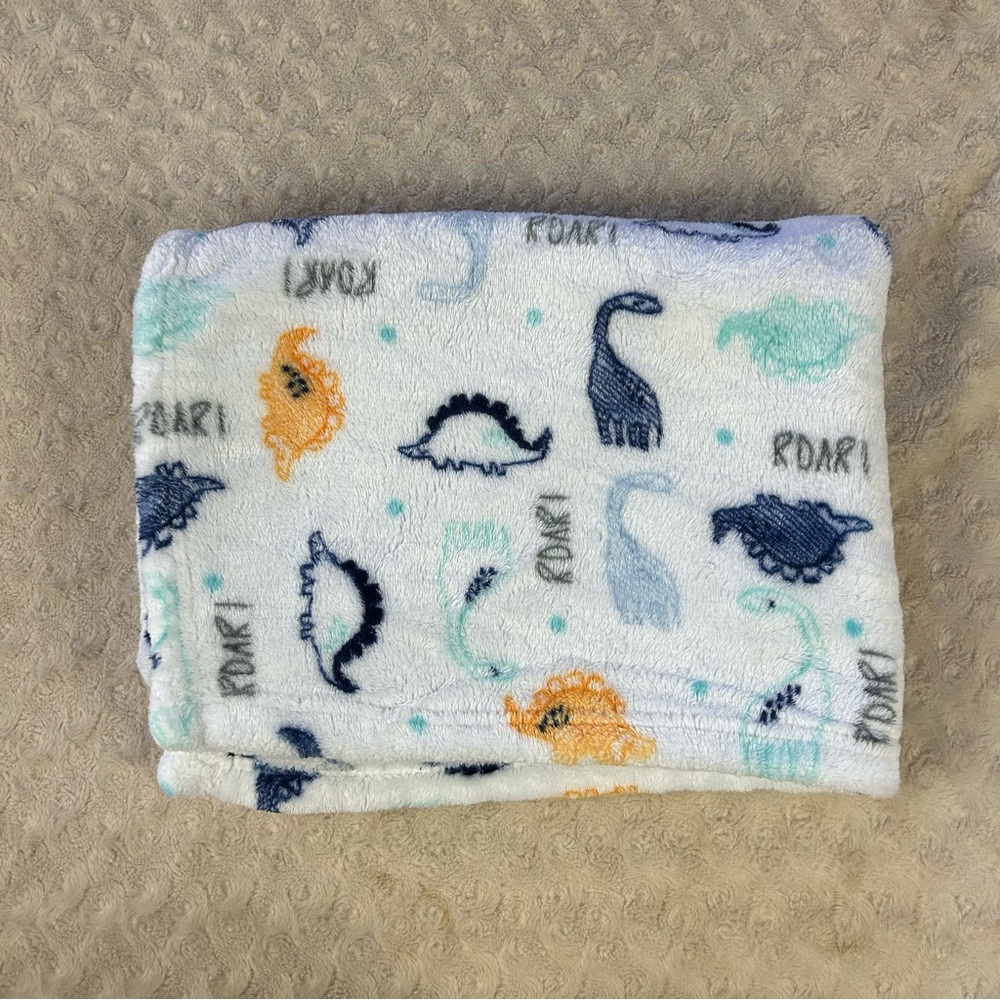 Baby Starters ROAR! Dinosaur Baby Blanket Aqua Blue White Orange Dino Polka Dots